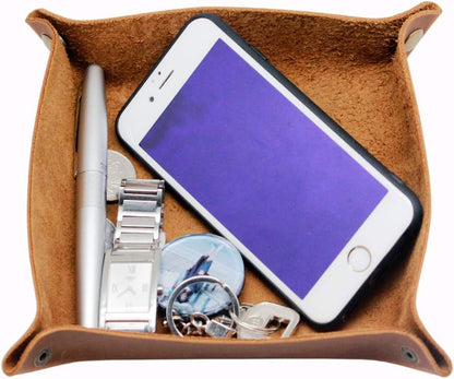 boshiho Valet Tray for Men, Leather Jewelry Catchall Key Phone Coin Box Change Caddy Bedside Storage Box (Crazy Horse Leather - Dark Brown)