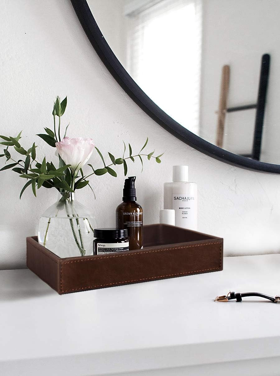 HofferRuffer Faux Leather Vanity Tray, Elegant Desktop Storage Organizer, Decorative Catchall for Perfume, Bathroom Valet, Nightstand or Dresser, Black, 10.2 x 8.4 x 1.8 Inches