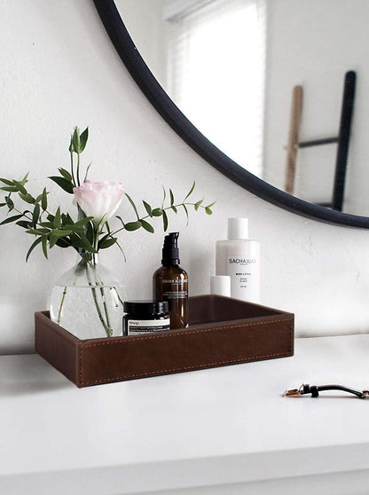 HofferRuffer Faux Leather Vanity Tray, Elegant Desktop Storage Organizer, Decorative Catchall for Perfume, Bathroom Valet, Nightstand or Dresser, Black, 10.2 x 8.4 x 1.8 Inches