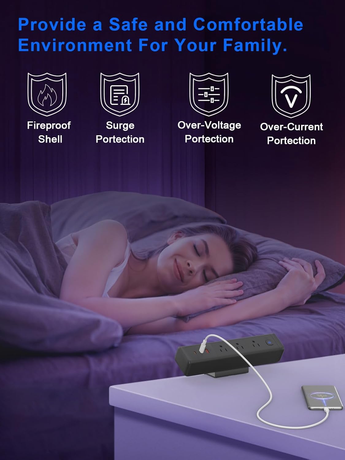 Nightstand Charging Station with 4 USB-C&2 QC 3.0 USB A Ports 3 AC Outlet, Desk Edge Mount Power Strip with USB-C Ports Tabletop Surge Protector Desk Clamp Power Strip for Home Office(Black)
