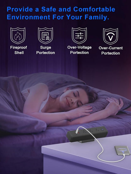 Nightstand Charging Station with 4 USB-C&2 QC 3.0 USB A Ports 3 AC Outlet, Desk Edge Mount Power Strip with USB-C Ports Tabletop Surge Protector Desk Clamp Power Strip for Home Office(Black)