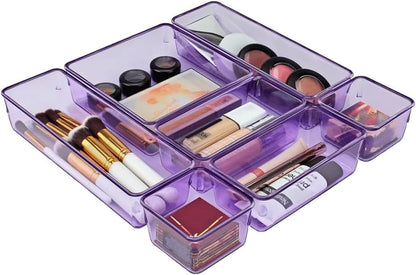 Acrimet Drawer Organizer Modular, Box Tray Storage Bins for Office, Home, Makeup, Kitchen, Junk Drawer (7 Units - 4 Sizes) (Clear Purple Plastic)