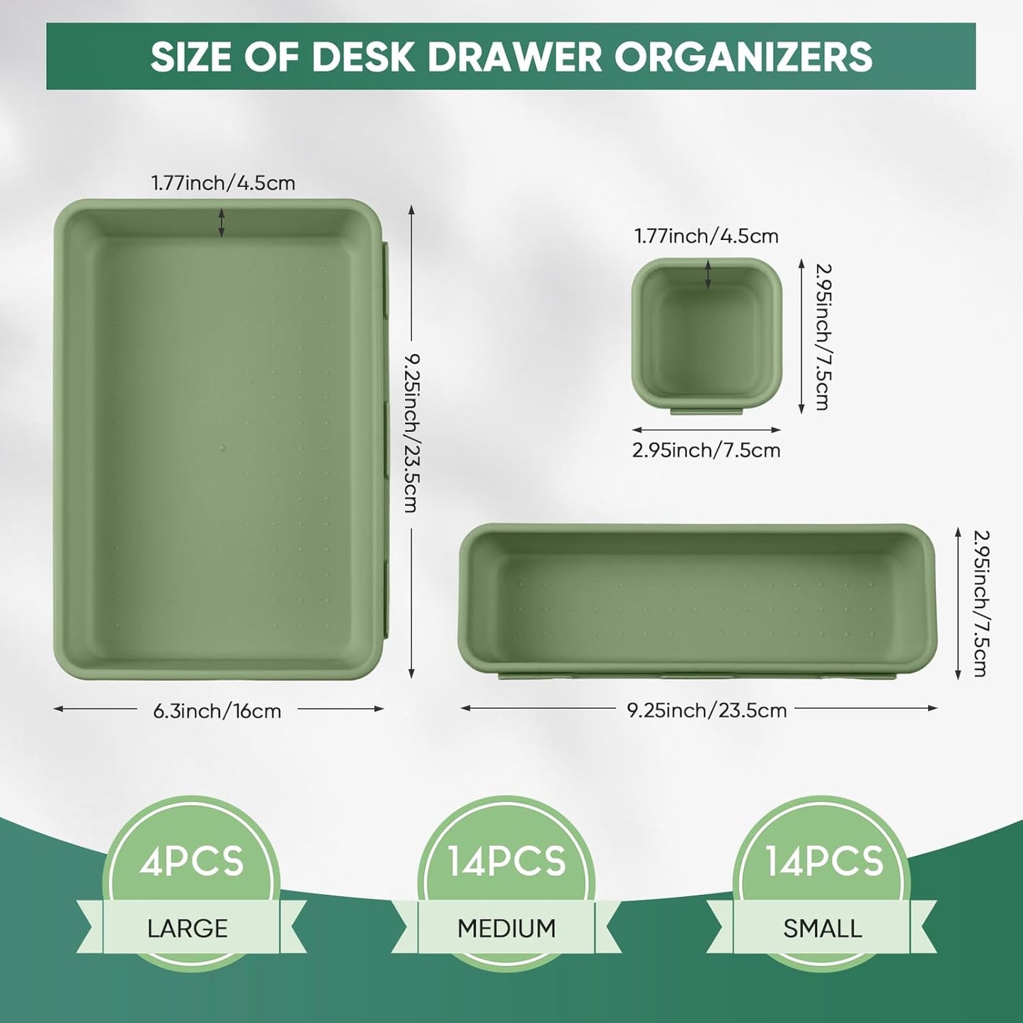 32 Pcs Desk Drawer Organizer Office Organization Tray Versatile Vanity Organizer with Nonslip Pads Makeup for Divider Drawer Storage Box Container for Kitchen Bedroom (Dark Green)