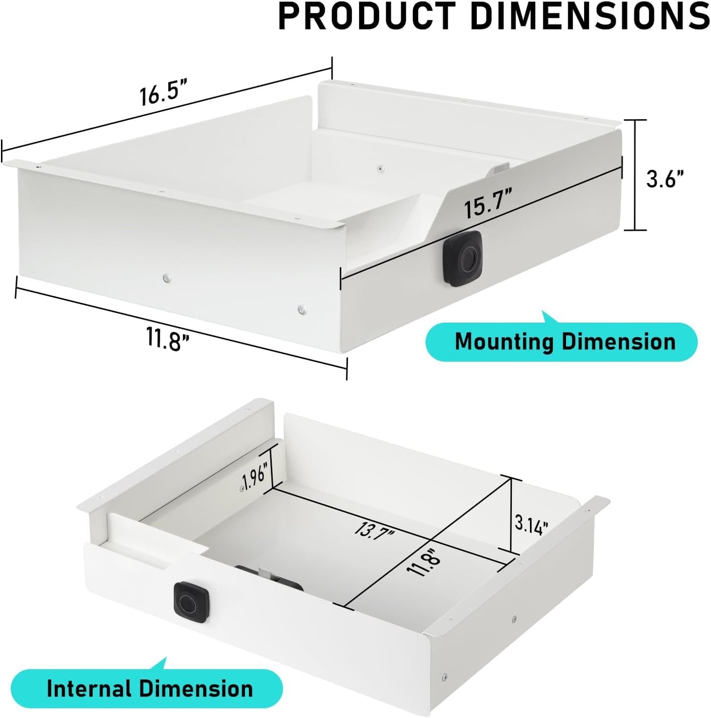 Under Desk Drawer Storage with Lock, Metal Undermount Table Drawer, Ball Bearing Slides Out Tray Organizer for Paper, Pencil, and Laptop 16"x11.8"x3.6", White