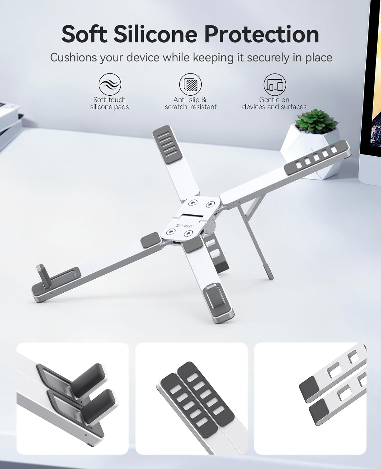 ORICO Portable Laptop Stand for Travel & Desk, Ultra-Compact Foldable Aluminum 3-in-1 Riser for Laptop, Tablet & Phone, 5 Adjustable Heights, Compatible with MacBook/HP/Dell/iPad/iPhone – PN1 (Gray)