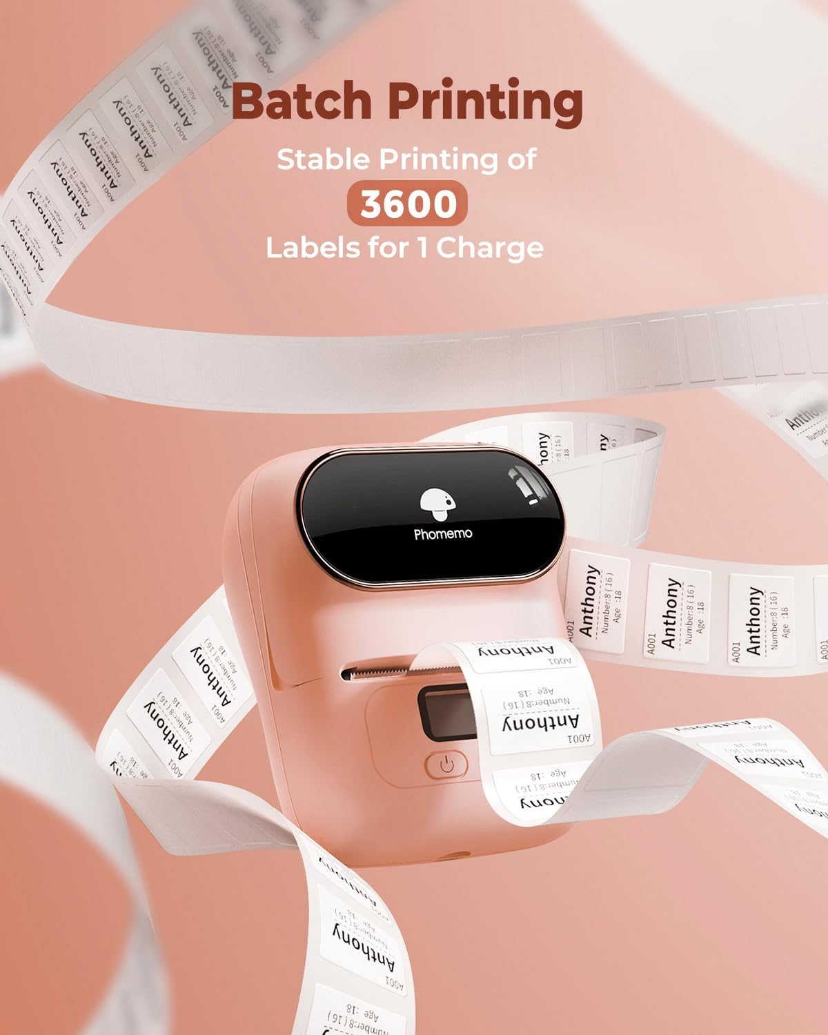 Phomemo Label Printer M110- Small Address Label Maker Bluetooth No Ink Portable for Small Business, Address, Office, Home for Phone; for PC/Mac(USB), with 100 Labels, Baby Pink
