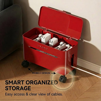 2-Tier Rolling Cable Management Box with Wheels (Large) – Mobile Power Strip Hider & Cord Organizer – Under Desk Wire Concealer & Charging Station Organizer – Baby & Pet Proof Safety (Retro Red)