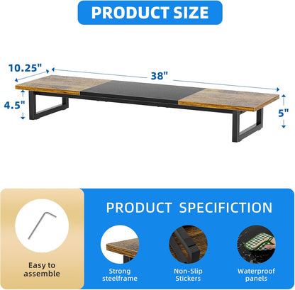 Simple Trending 38 Inch Dual Monitor Stand Riser, Wood and Steel Desktop Organizer for Home Office, Black