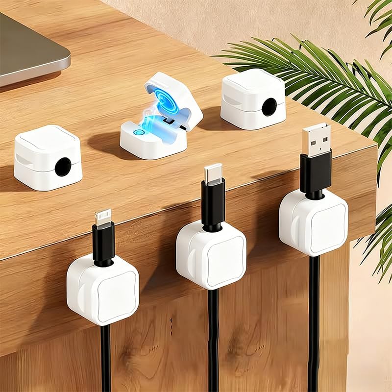 6 Pack Magnetic Cable Clips, Adhesive Cable Management, Adjustable Cord Organizer, Phone Charger Wire Holder for Home Office Kitchen Desk Car Wall Desktop Nightstand, White
