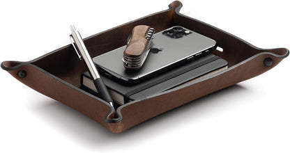 Main Street Forge Leather Valet Tray for Men – Rustic EDC Organizer for Keys, Phone & Wallet – Made in USA – Whiskey Barrel Brown