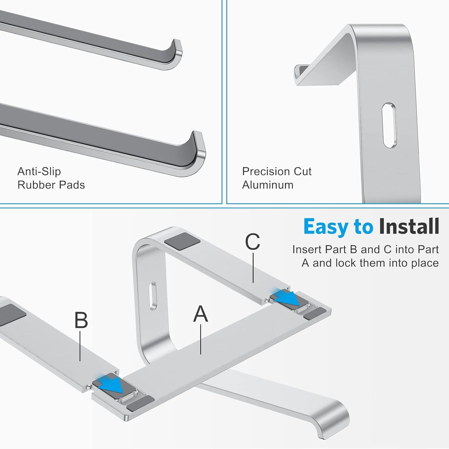 OMOTON Laptop Stand, Detachable Laptop Mount, Aluminum Laptop Holder Stand for Desk, Compatible with MacBook Air/Pro, Dell, HP All Laptops (11-16 inch), Silver