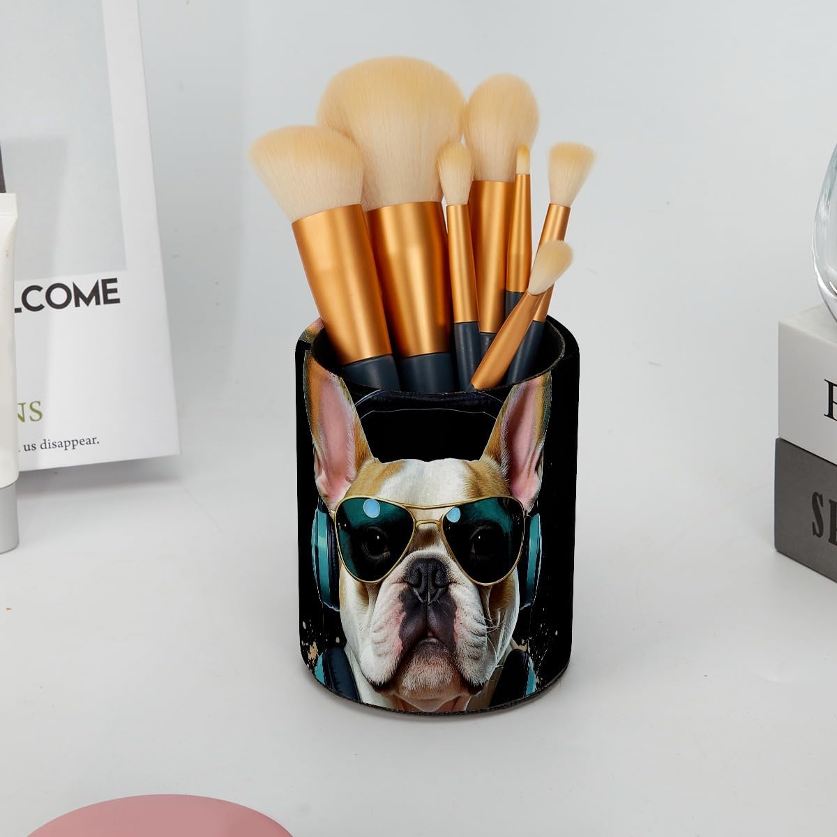 Leather Pen Holder for Desk, Love Cherry Pencil Organizer Pencil Cup Desk Decor Makeup Brush Holder Multifunctional Office Supplies for Home,Office, School