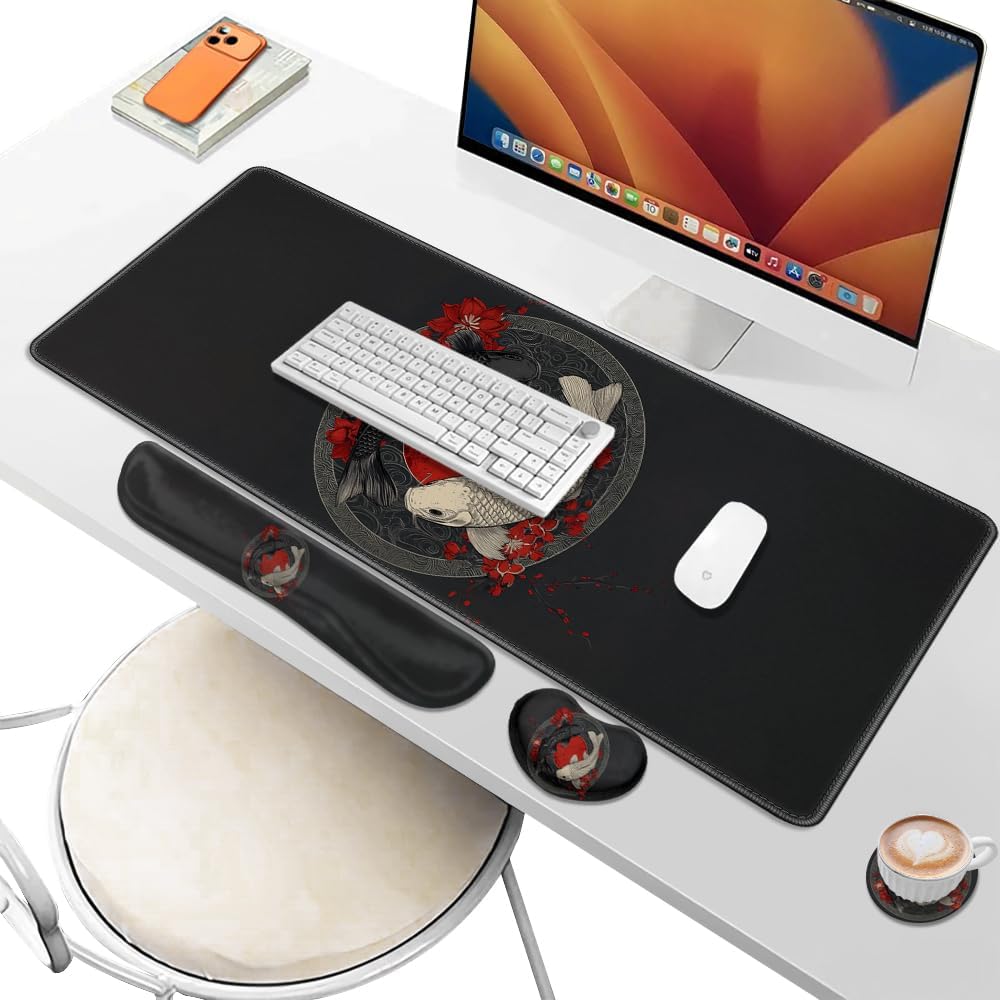 Desk Pad and Keyboard Wrist Rest, Large Mouse Pad + Keyboard Pad+Mouse Wrist Support, Non-Slip Desk Mat Protector for Office, Home 31.5×11.8 Inches Anime Dragon