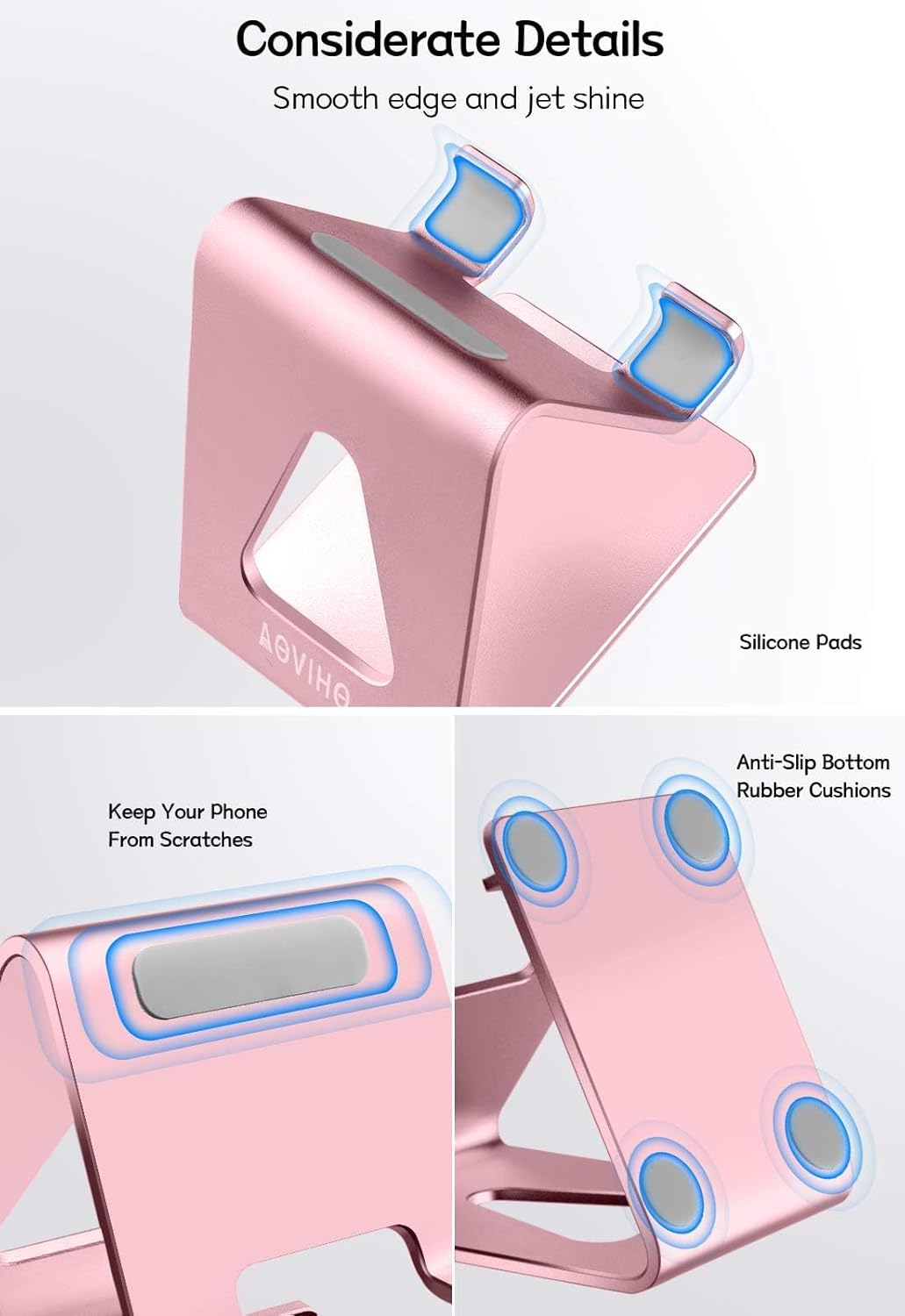 Aoviho Desk Cell Phone Stand Phone Holder, Aluminum Phone Cradle Dock for iPhone17 16 15 14 13 12 pro Mini 11 X Xs max 8 7 6 6s Plus SE Samsung All Smart Phones, Rose Gold
