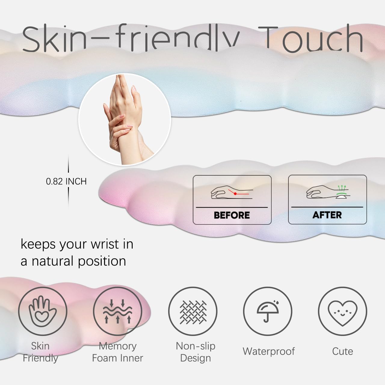 Cloud Wrist Rest Keyboard Palm Rest with Non-Slip Base for Computer Gaming Wrist Rest, YAMJUG Cloud Arm Rest Keyboard Wrist Pad Rainbow