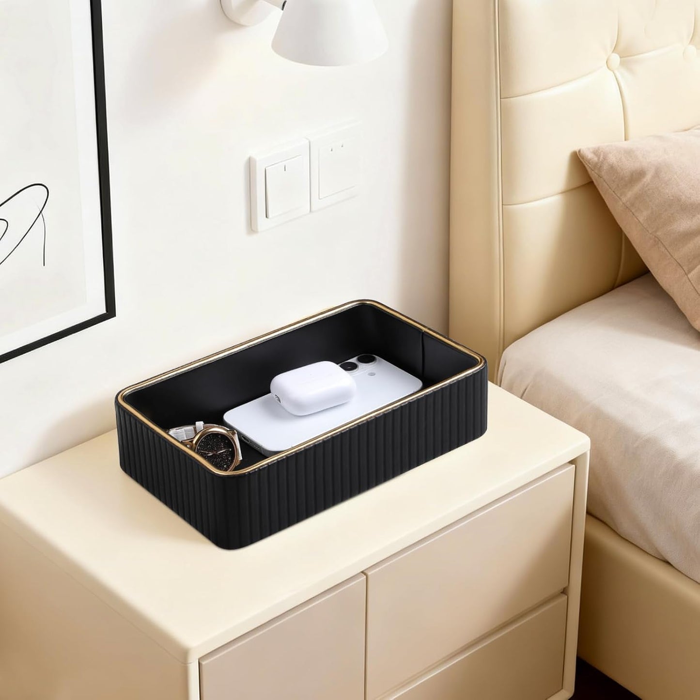 Desk Organizer Tray, PU Leather Nightstand Organizer Perfume Valet Tray for Men Women, Decorative Vanity Trays Trinket Dish Key Bowl for Entryway Table (2pcs, Ivory, Large+Small)