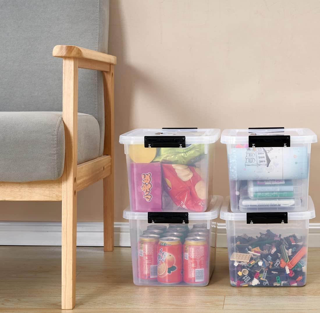 Stackable Plastic Black Storage Bins with Lids 6 Pack, 12 Quart Modular Organizer Boxes with Secure Latches for Closet, Pantry, Office and Small Item Storage