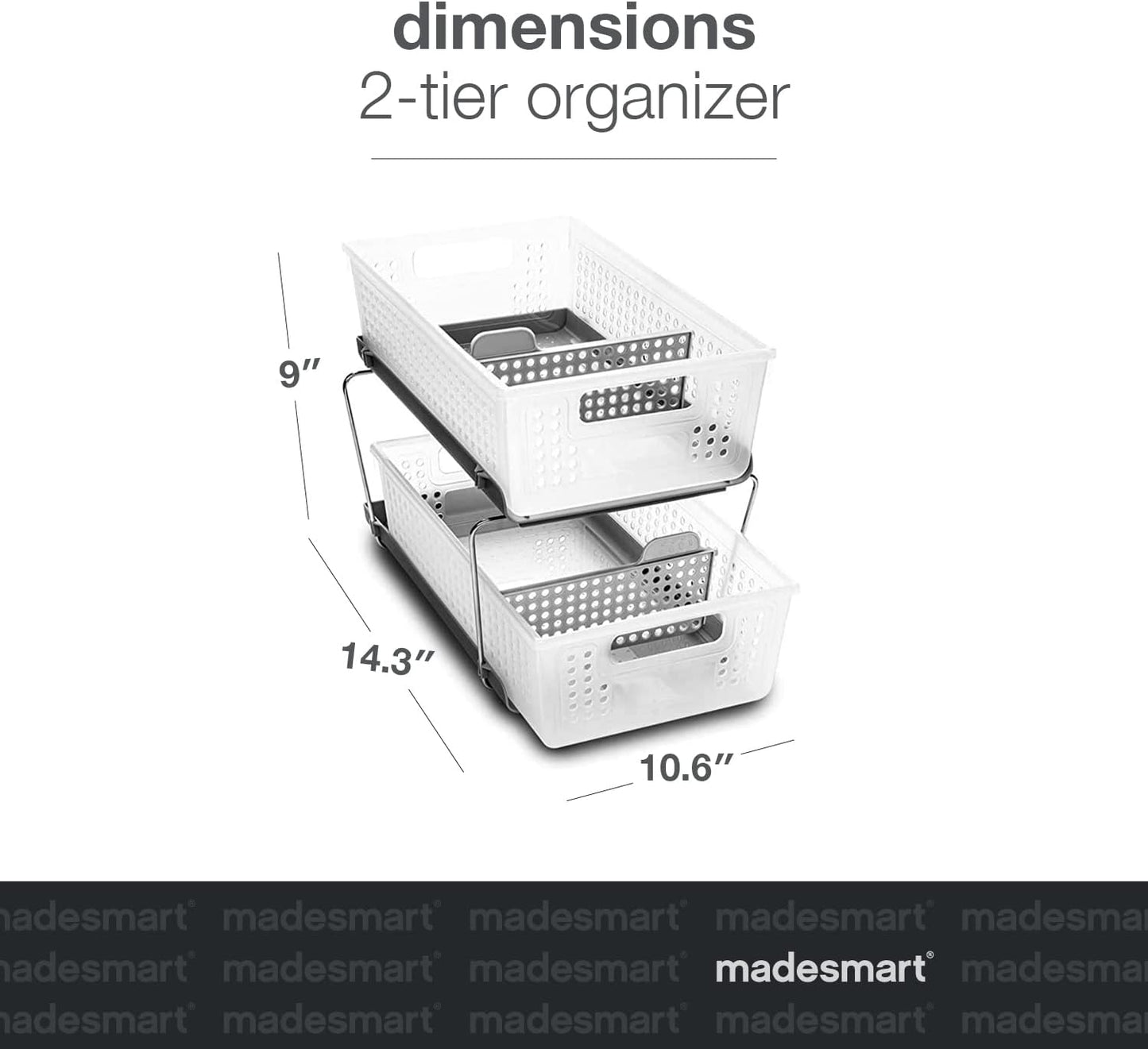 madesmart 2 Tier Bath Organizer, Undersink Storage with Sliding Drawers, for Cleaning Supplies, Pantry, Sponges, Bottles & Kitchen Essentials, Adjustable Dividers & Pull Out Sliding Baskets, Frost