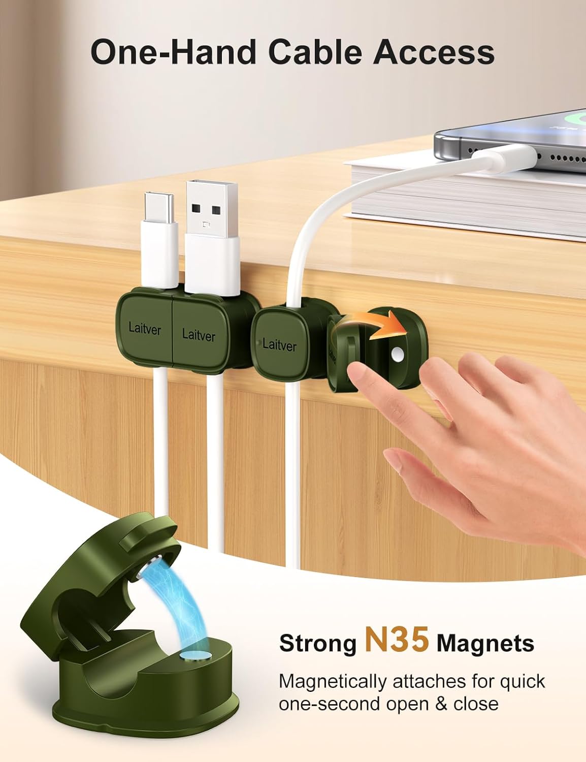 6 Pack Magnetic Cable Clips [1s Open/Lock], Laitver Cord Organizer Holder Strong Adhesive Desk Cable Management- Organize Charging Cords Neatly for Home, Office, Car,Desk, Nightstand