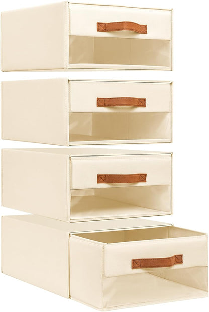 DIMJ Closet Organizers and Storage - Fabric Bins with Drawers for Closet Foldable Clothes Organizers with Clear Window, Stackable Storage Drawers Units for Bedroom, Living Room, 4-Pack, Grey