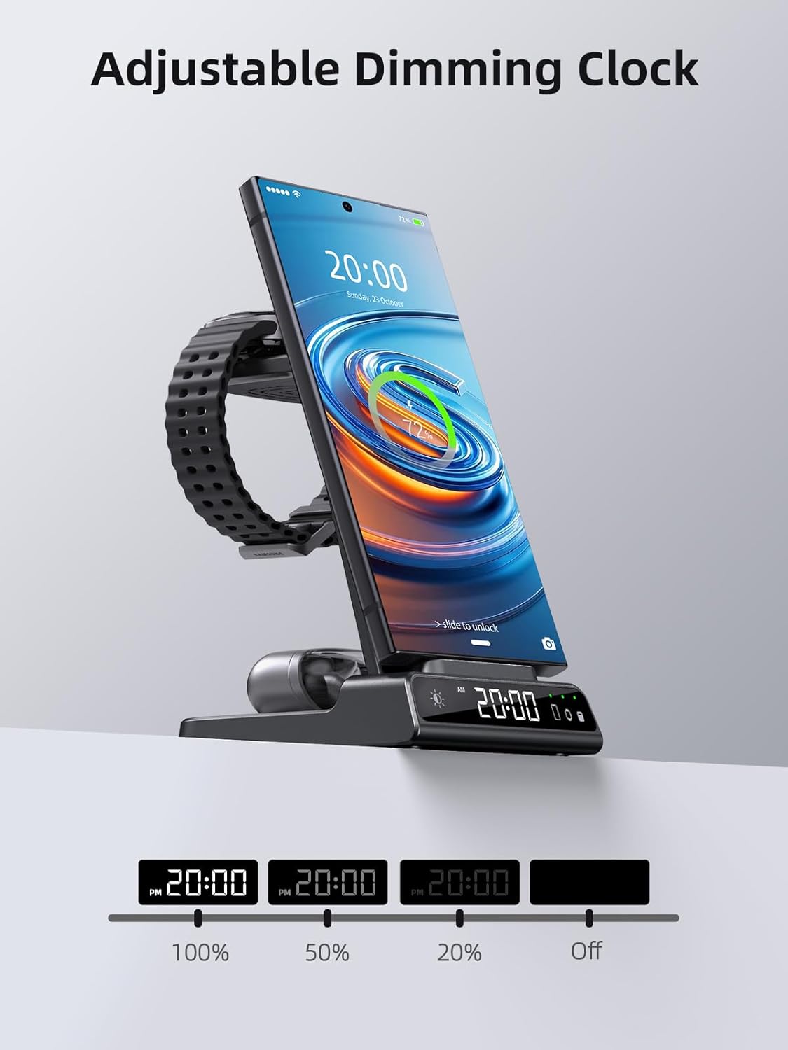 Wireless Charger for Samsung Charging Station: 3 in 1 Android Charging Stand with Dimmable Clock - Nightstand Organizer for Galaxy S25 Ultra, Galaxy Watch 8 7 6 5 4, Galaxy Buds, Space-Saving Charger