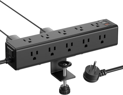 CCCEI Standing Desk Clamp Power Strip with 15 Outlets, Widely Spaced Desktop Edge Mount Surge Protector Outlet, Fast Charging USB-A and USB-C Ports, 6 FT Flat Plug, Black Fit 1.6 inch Table top.