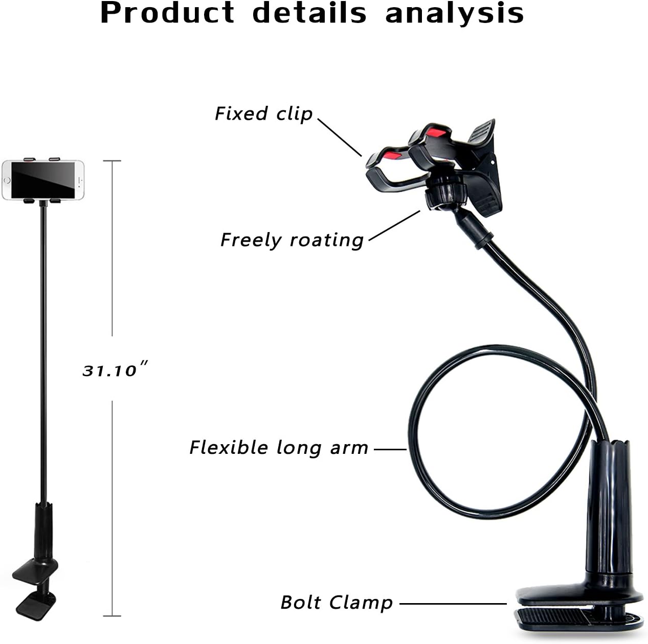Cell Phone Holder, Universal Lazy Bracket Mobile Phone Stand, Flexible Gooseneck Long Arm Clip (White)