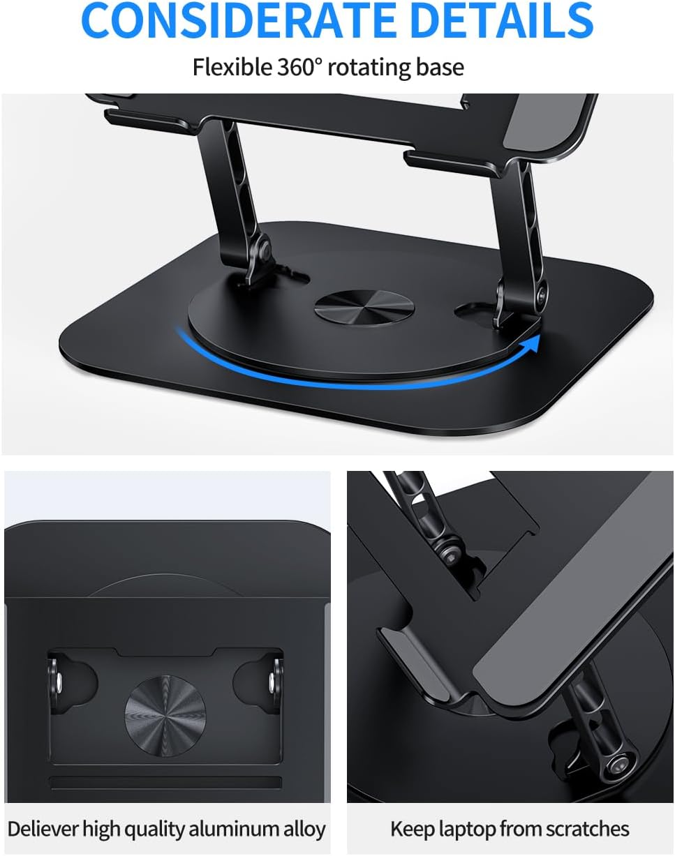 AOEVI Adjustable Computer Stand with 360 Rotating Base, Ergonimic Foldable Laptop Riser for Desk Compatible with MacBook Pro/Air Notebook up to 16 Inches, Silver