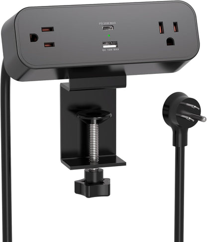 PD30W Desk Clamp Power Strip, Desktop Mount Surge Protector, Fast Charging Station, 5Ft Extension Cord Desk Edge Mount Shelf with 4 Outlets 4 USB Ports (2 USB C), Home Office Accessories Essentials