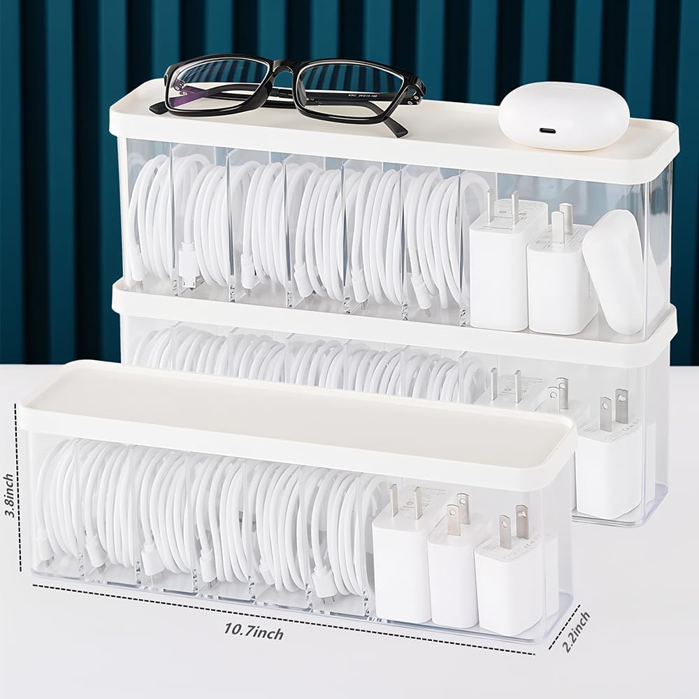 Charger Cable Cord Storage Organizer Box - 2 Pack With Lid - Easy Storage Without Cable Ties