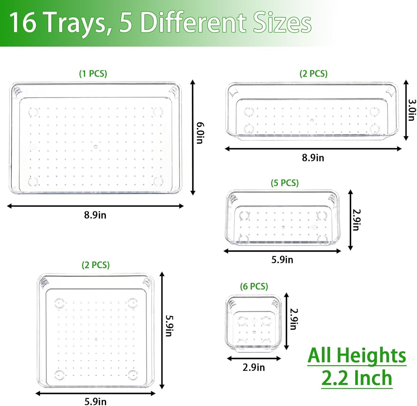 16 PCS Plastic Clear Drawer Organizer Set, 5 Sizes Desk Office Drawer Organizing Trays and Divider,Storage Bins for Makeup,Snack,Jewelry,Kitchen,Bedroom, Bathroom vanity Accessories Containers