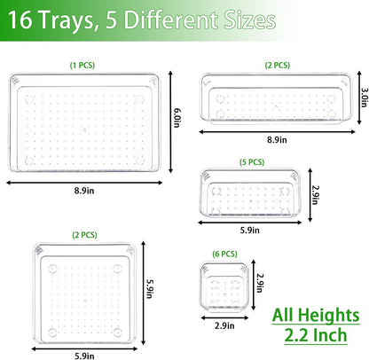 16 PCS Plastic Clear Drawer Organizer Set, 5 Sizes Desk Office Drawer Organizing Trays and Divider,Storage Bins for Makeup,Snack,Jewelry,Kitchen,Bedroom, Bathroom vanity Accessories Containers