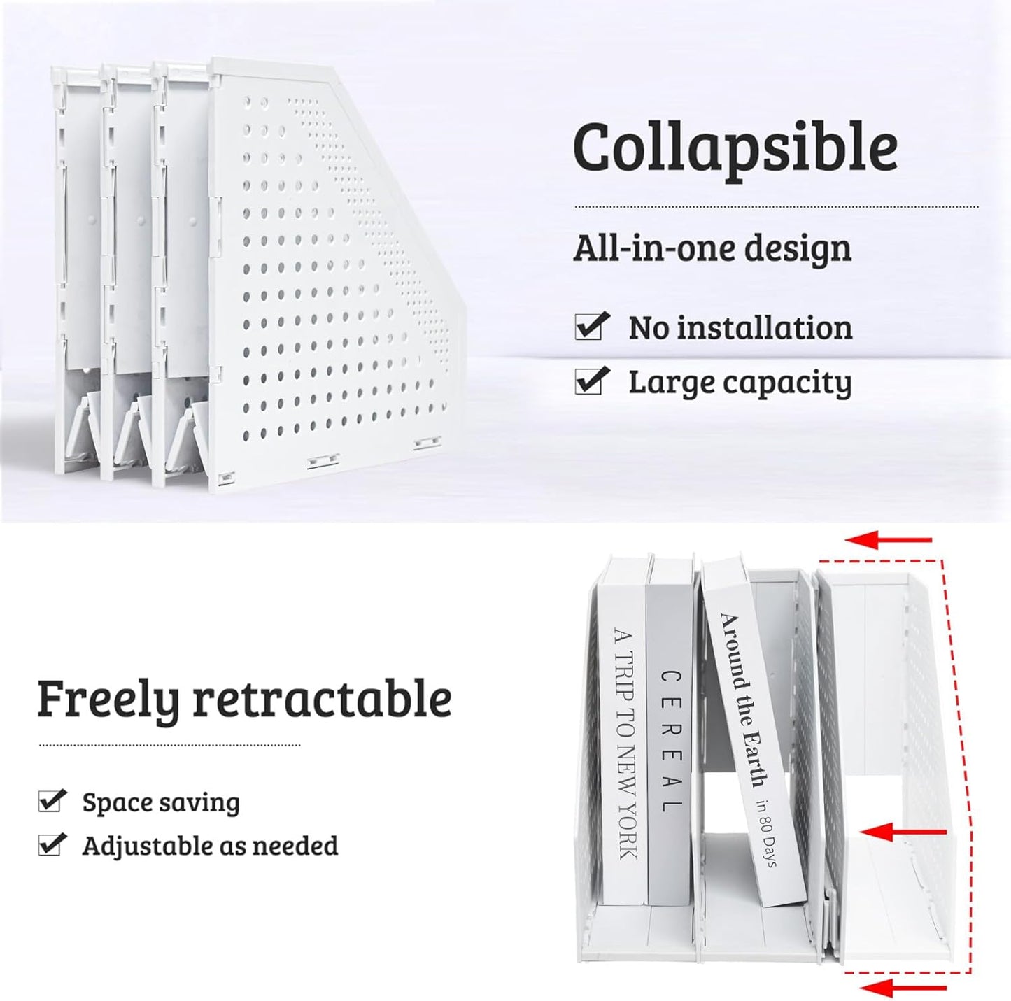 SAYEEC 2Pcs Collapsible Plastic Magazine File Holder Vertical Binder Storage Organizer for Desk Sturdy Upright Desktop Magazine Organizer Folder Rack for Office School Home (3 Compartments, Black)