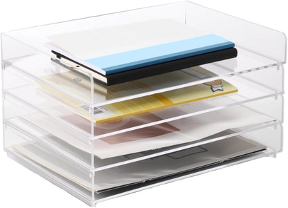 4-Tier Acrylic Desk Organizer, 12.4 x 8.9 x 7.1 in Stackable A4 File Document Tray with Track, Transparent Desktop Storage Holder for Office Supplies, Books and Notes