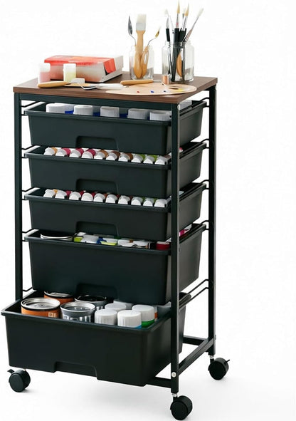SYKIARIOL Utility Cart with 5 Drawers,Storage Cart with Wooden Tabletop and Lockable Wheels,Craft Storage Trolley Organizer,5-Tier Rolling Utility on Wheels,Light Green