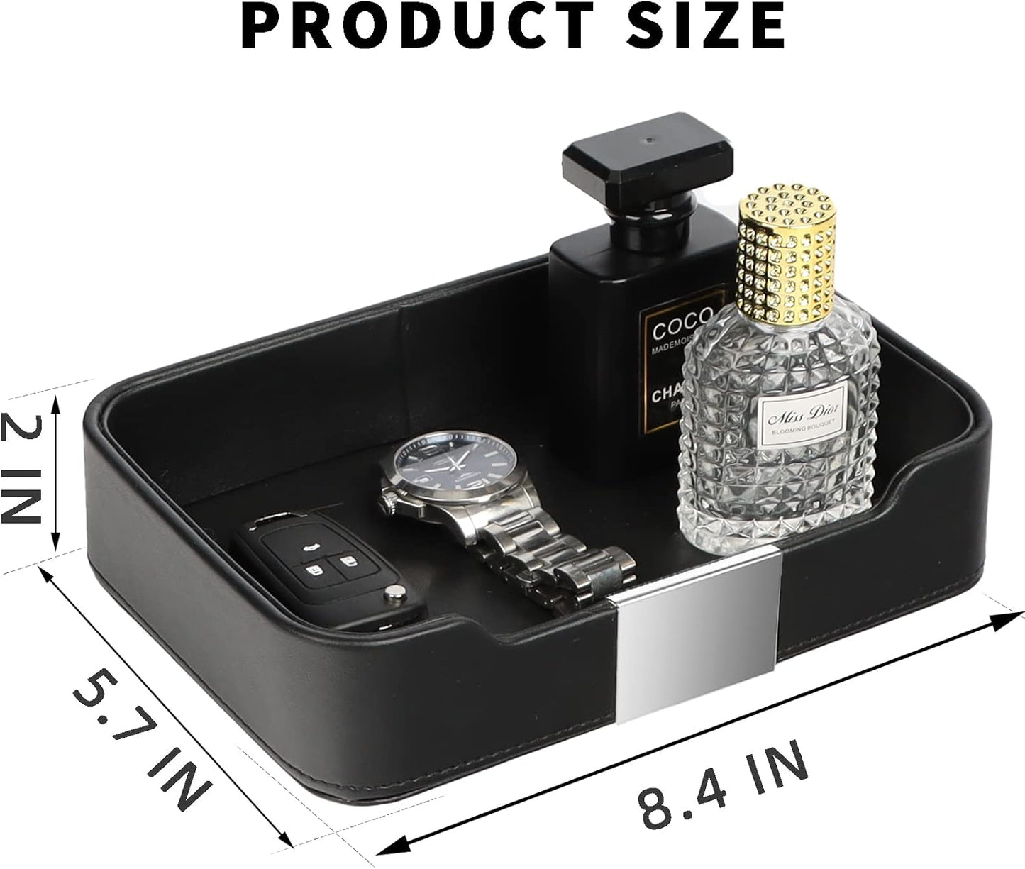 SANZIE Luxury Leather Tray Desktop Storage Catchall Organizer Decorative Tray for Entryway Table to Hold Jewelry Watch Keys Phone Wallet (Metal Glided, Black)