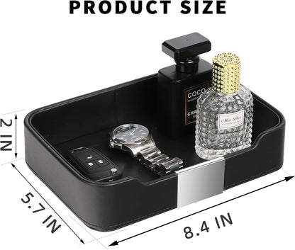 SANZIE Luxury Leather Tray Desktop Storage Catchall Organizer Decorative Tray for Entryway Table to Hold Jewelry Watch Keys Phone Wallet (Metal Glided, Black)