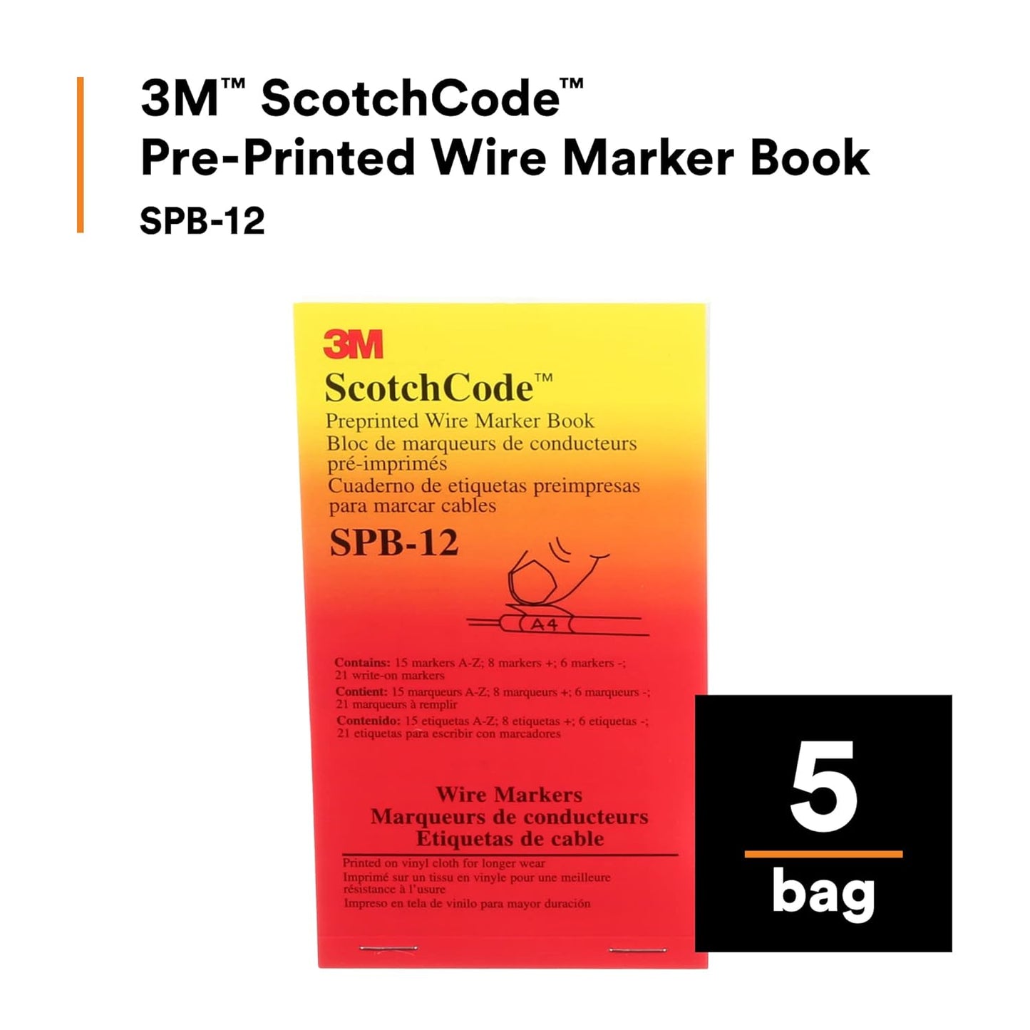 3M ScotchCode Pre-Printed Wire Marker Book SPB-03, Vinyl Coated, Black Printed Numbers (10) each 1–45, White Background Highlights Characters, 1 Book