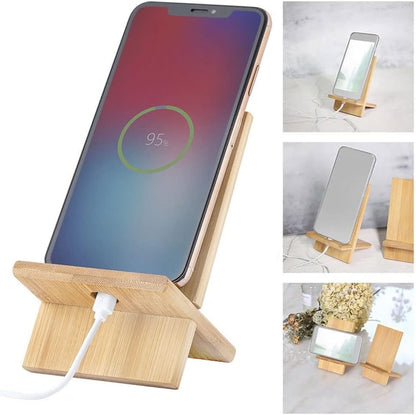Bamboo Cell Phone Stand with Charging Hole, Detachable Wood Mobile Phone Holder for Desk Tablet Stand Wooden Desktop Dock Cradle for iPhone iPad Samsung and All Smartphones