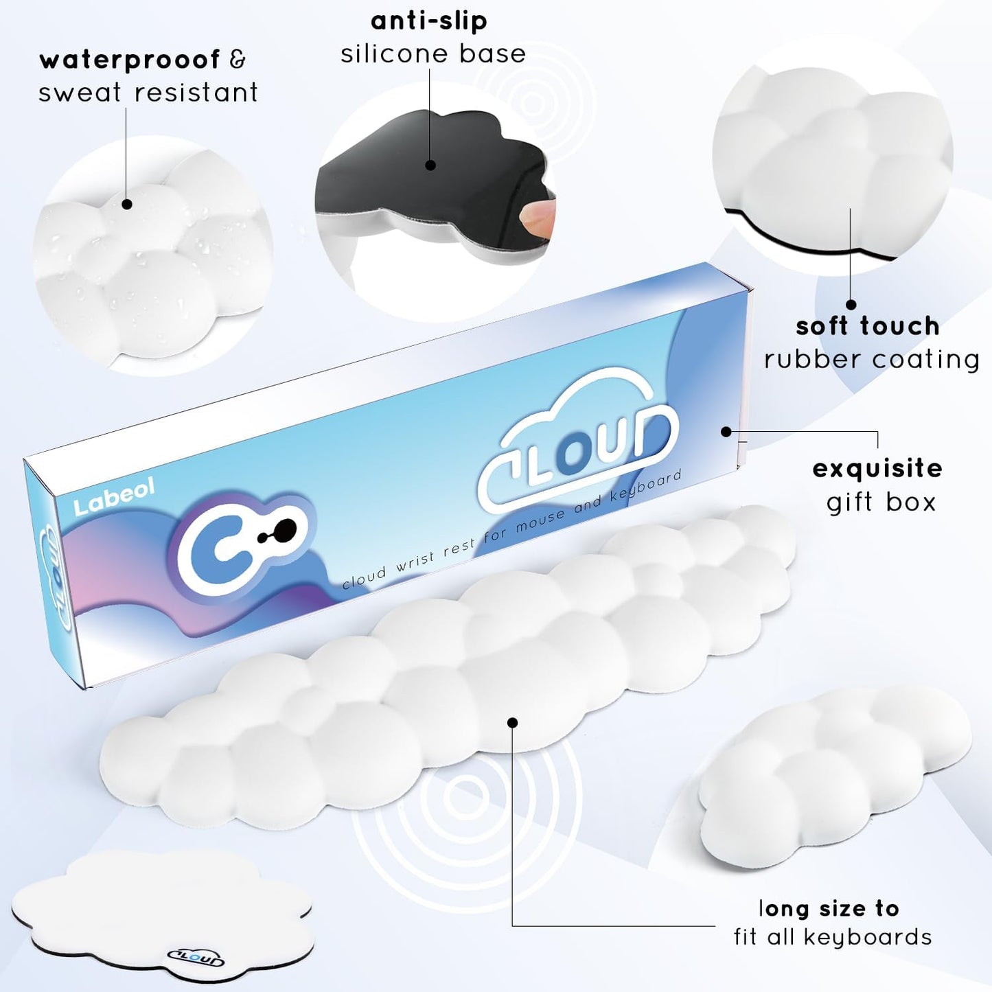 Cloud Wrist Rest for Computer Keyboard Arm Wrist Rest with Non-Slip Base Extended Wrist Rest Ergonomic Memory Foam for Keyboard and Mouse Typing Pain Relief, Office, Gaming, Computer