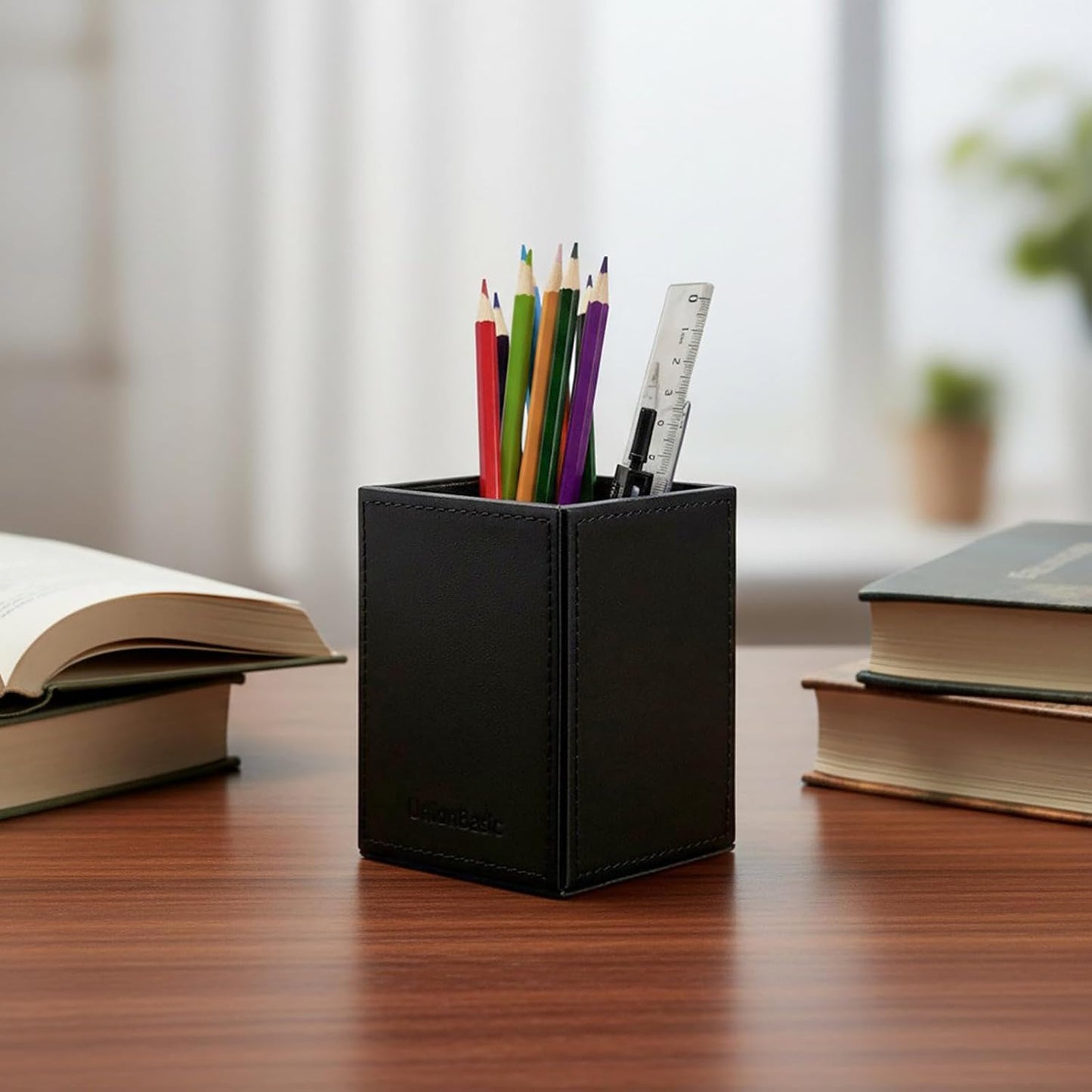 UnionBasic Square Pen Holder, Leather Pencil Cup, Desktop Caddy Stationery Organizer, Beige