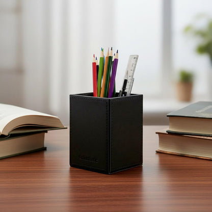 UnionBasic Square Pen Holder, Leather Pencil Cup, Desktop Caddy Stationery Organizer, Beige