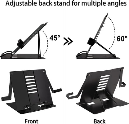 Metal Desk Book Stand for Reading with Adjustable Clips, Hands-Free Foldable Book Holder for Kids, Portable Document Stand for Desk, Display Stand for Recipes, Cookbooks, Tablets - Purple