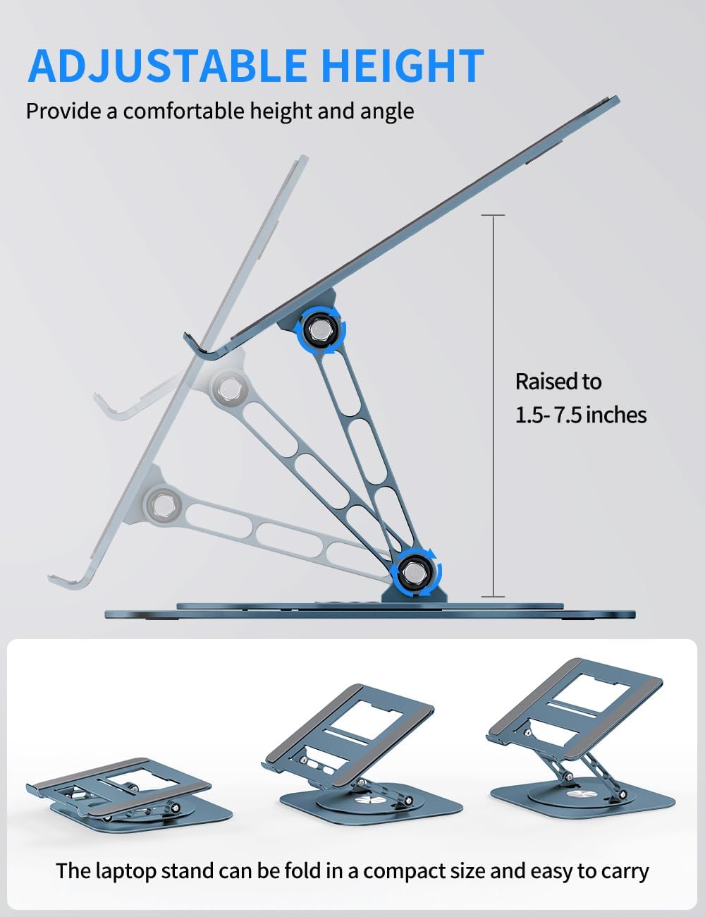 AOEVI Adjustable Computer Stand with 360 Rotating Base, Ergonimic Foldable Laptop Riser for Desk Compatible with MacBook Pro/Air Notebook up to 16 Inches, Silver