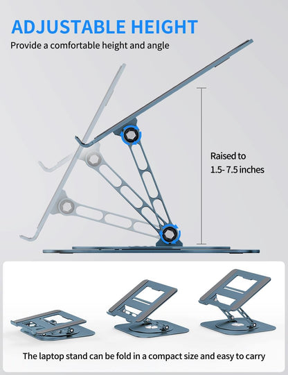 AOEVI Adjustable Computer Stand with 360 Rotating Base, Ergonimic Foldable Laptop Riser for Desk Compatible with MacBook Pro/Air Notebook up to 16 Inches, Silver