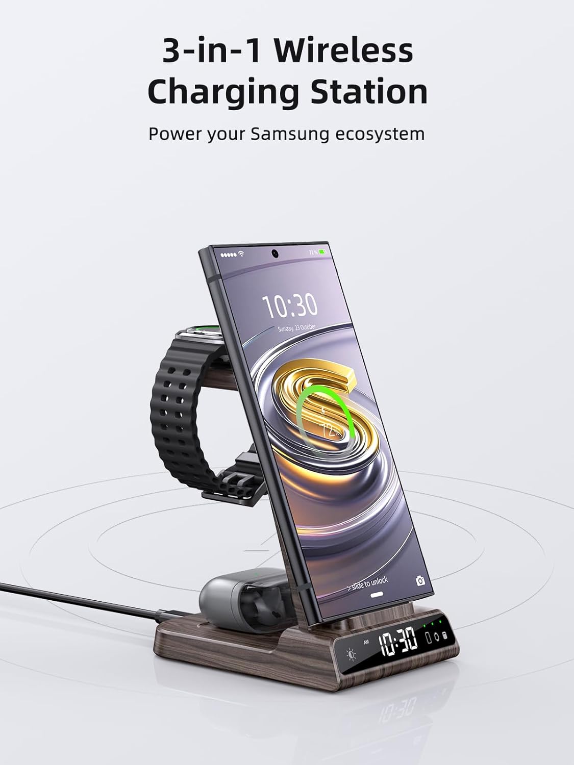 Wireless Charger for Samsung Charging Station: 3 in 1 Android Charging Stand with Dimmable Clock - Nightstand Organizer for Galaxy S25 Ultra, Galaxy Watch 8 7 6 5 4, Galaxy Buds, Space-Saving Charger