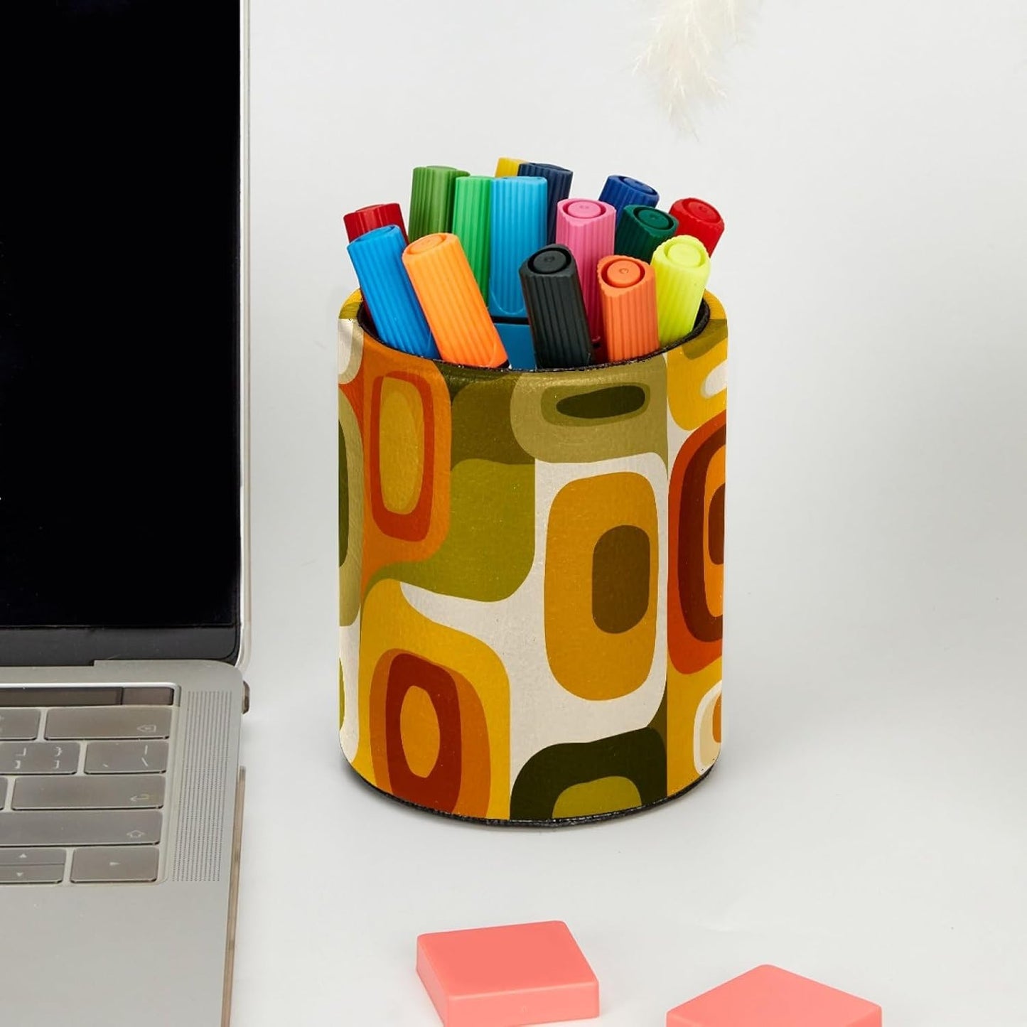 Leather Pen Holder for Desk, Love Cherry Pencil Organizer Pencil Cup Desk Decor Makeup Brush Holder Multifunctional Office Supplies for Home,Office, School