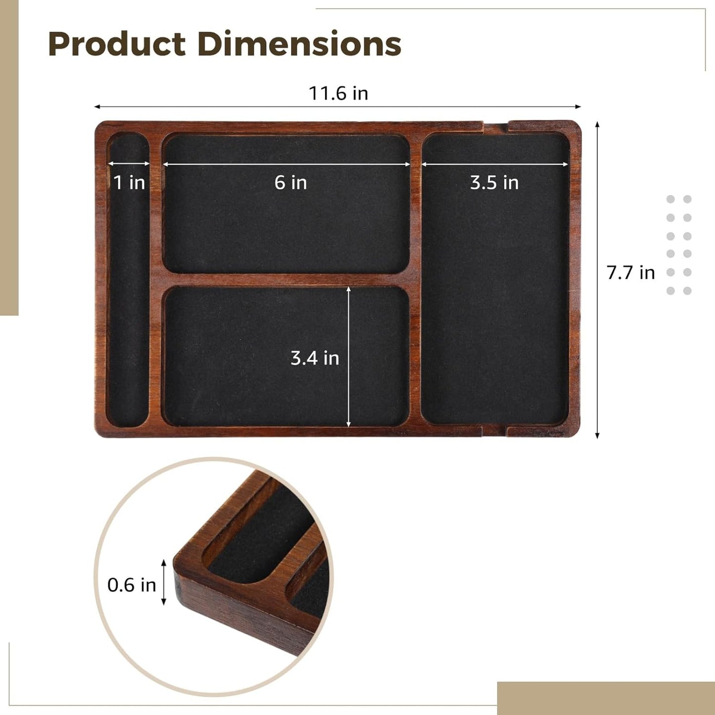 Homaisson 11.6×7.7×0.6" Wood Valet Tray for Men, Key Tray for Men, Acacia Wood Men's EDC Storage Dish for Nightstand, Desk Trays with Phone and Watch Slots