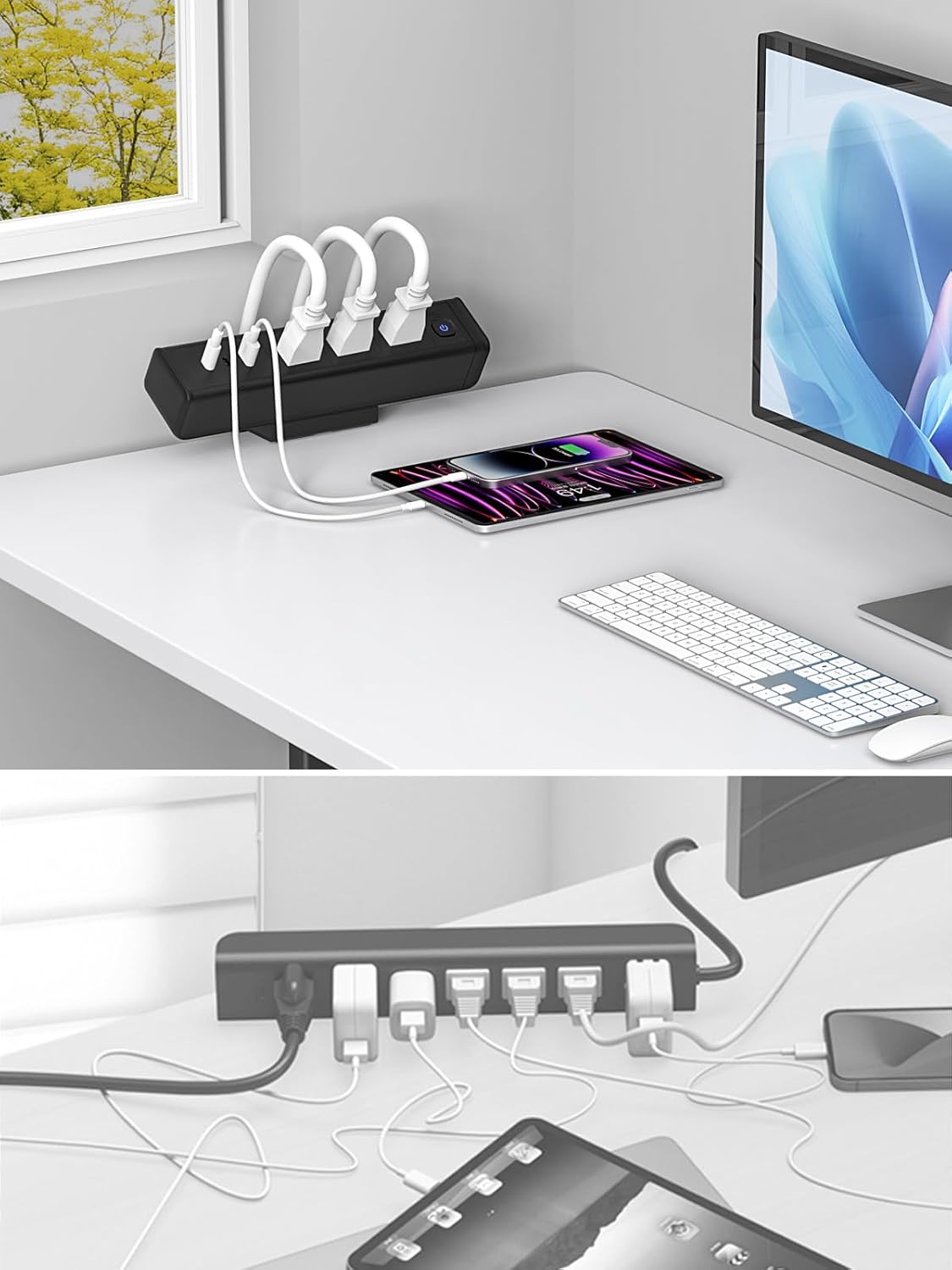 Nightstand Charging Station with 4 USB-C&2 QC 3.0 USB A Ports 3 AC Outlet, Desk Edge Mount Power Strip with USB-C Ports Tabletop Surge Protector Desk Clamp Power Strip for Home Office(Black)