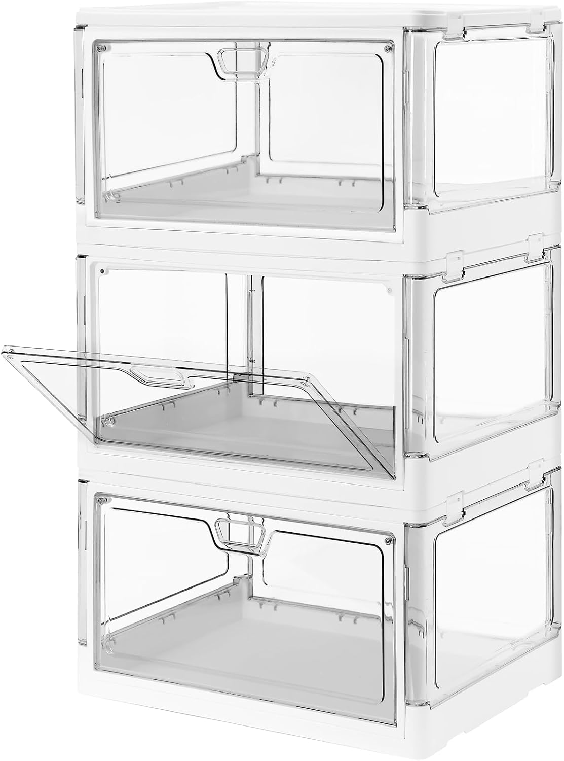 HYBRIDEAS 3-Pack Clear Stackable Storage Bins with Lids Magnetic Doors Open Front Foldable Folding Plastic Craft Containers Large Closet Organizers Box for Bedrooms Living Rooms Study Kids' Toys 24 QT